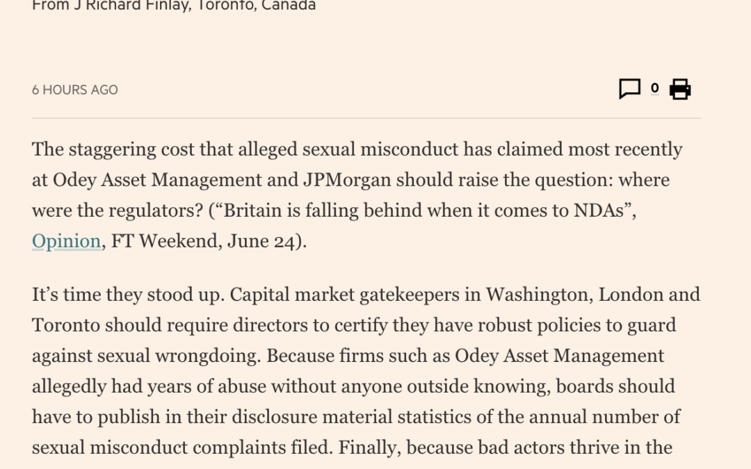 In Financial Times on what regulators need to do to curb sexual misconduct